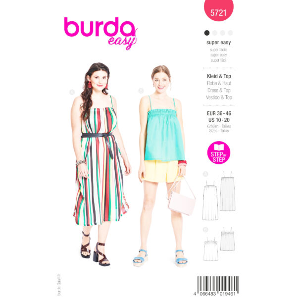 Burda Easy Schnittmuster Nr. 5721 - Kleid & Top - Träger - gesmokter Ausschnitt