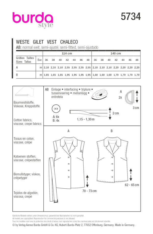 Burda Style Schnittmuster Nr. 5734 - Weste & Bluse - Ärmelaufschläge - Kragen – Bild 9