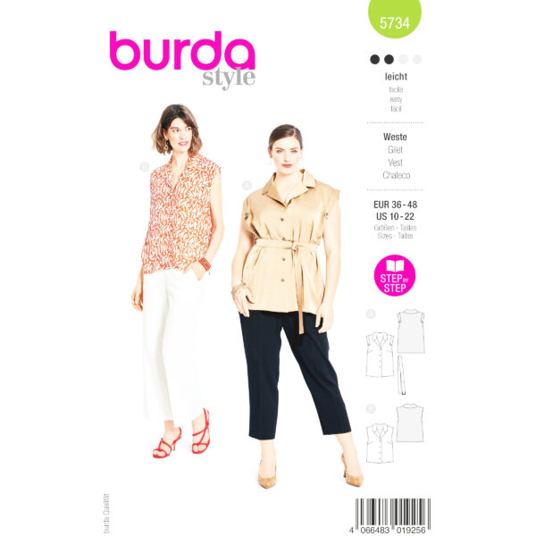 Burda Style Schnittmuster Nr. 5734 - Weste & Bluse - Ärmelaufschläge - Kragen