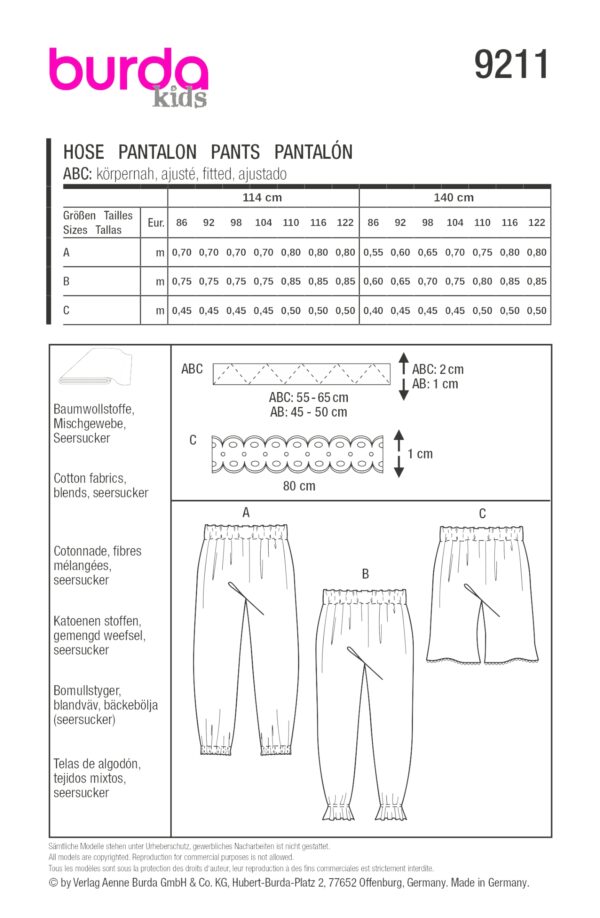 Burda Kids Schnittmuster Nr. 9211 - Hose - lang oder kurz - Gummizug – Bild 9